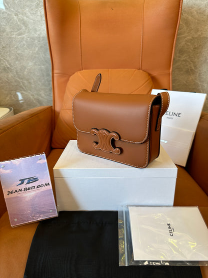 Celine Triomphe Bag in Tan Calfskin with Embossed Logo