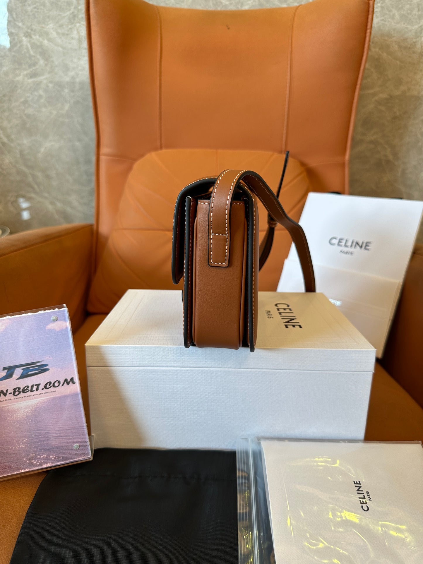 Celine Triomphe Bag in Tan Calfskin with Embossed Logo