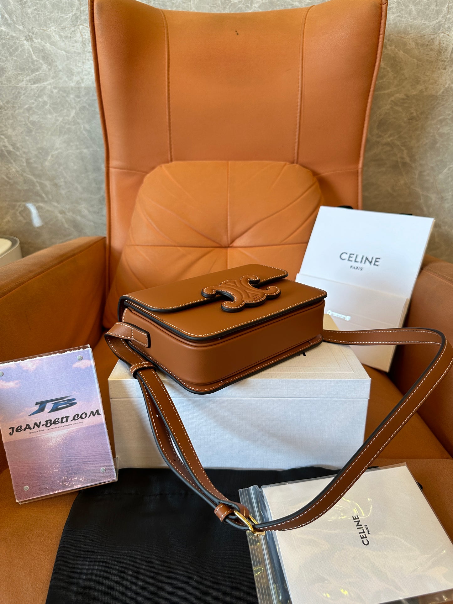 Celine Triomphe Bag in Tan Calfskin with Embossed Logo