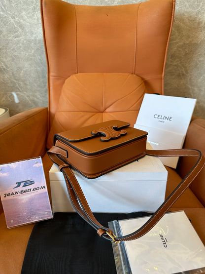 Celine Triomphe Bag in Tan Calfskin with Embossed Logo