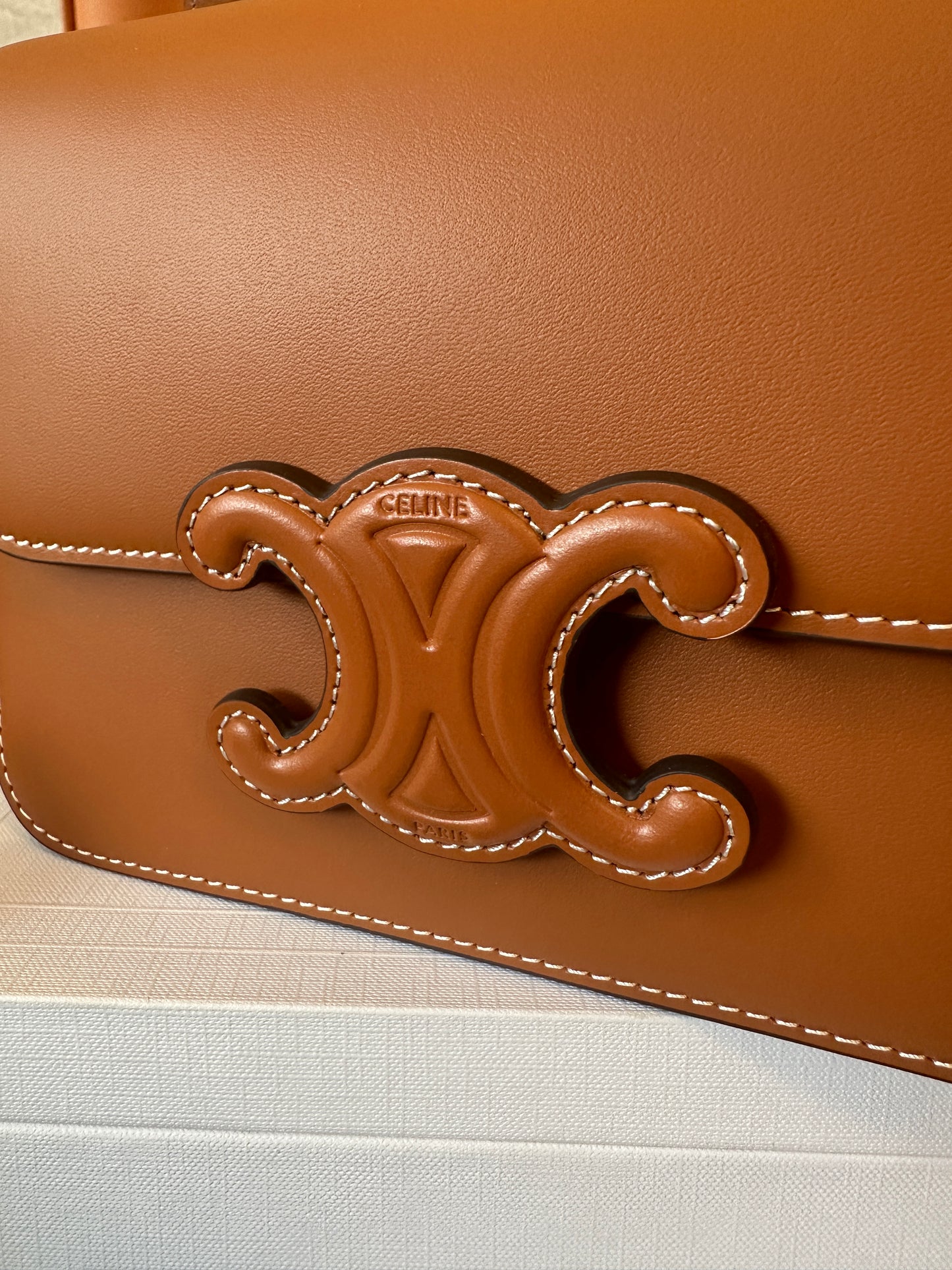 Celine Triomphe Bag in Tan Calfskin with Embossed Logo