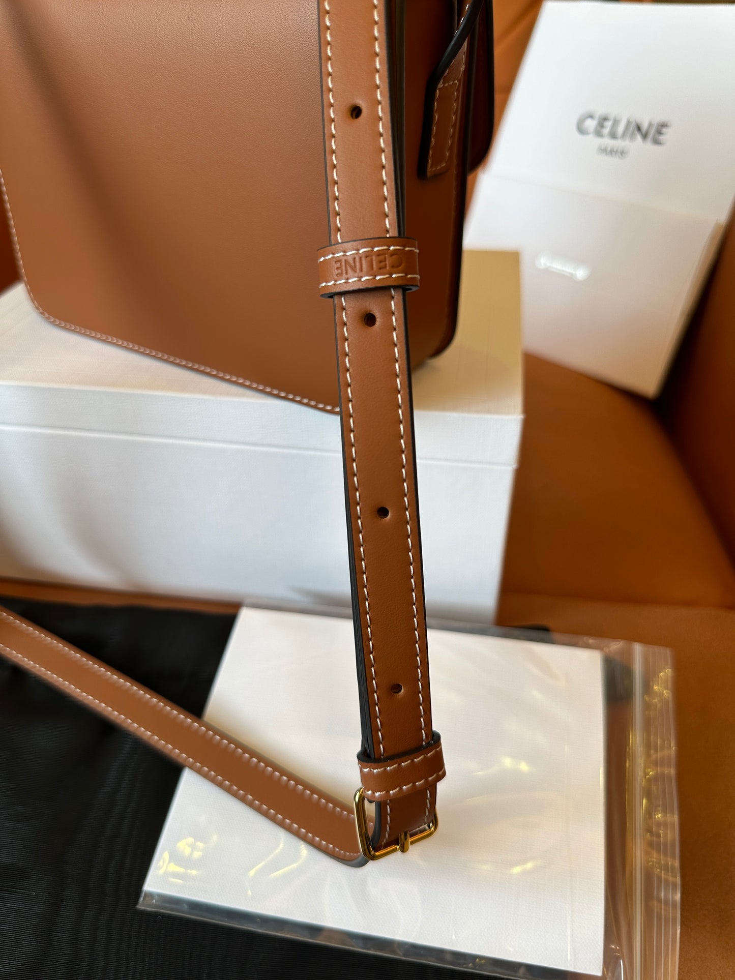 Celine Triomphe Bag in Tan Calfskin with Embossed Logo