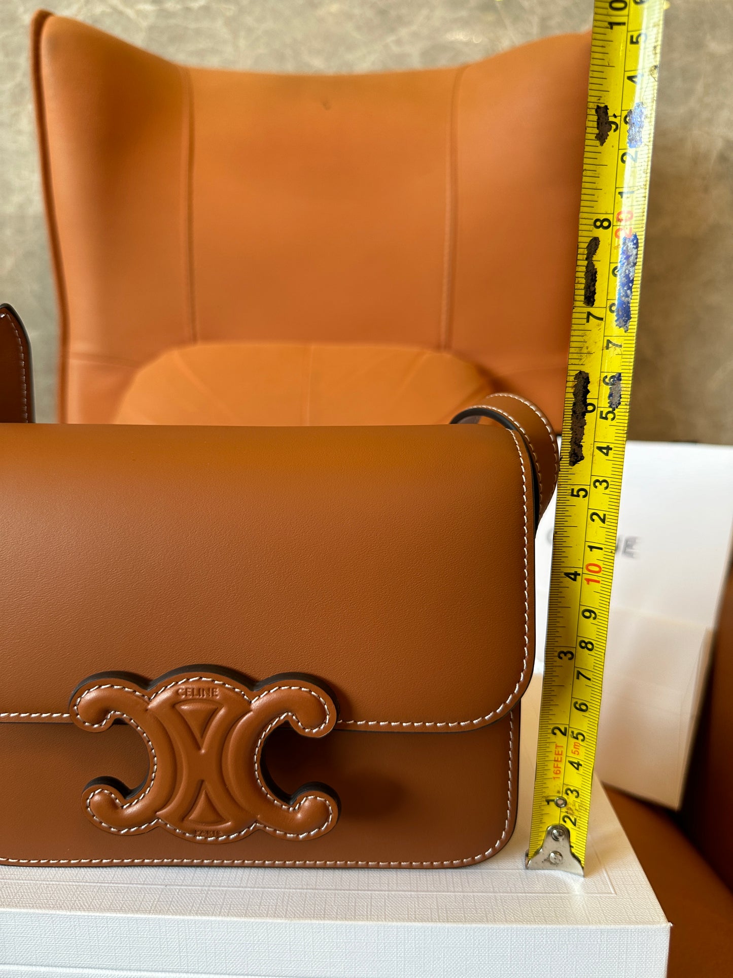 Celine Triomphe Bag in Tan Calfskin with Embossed Logo