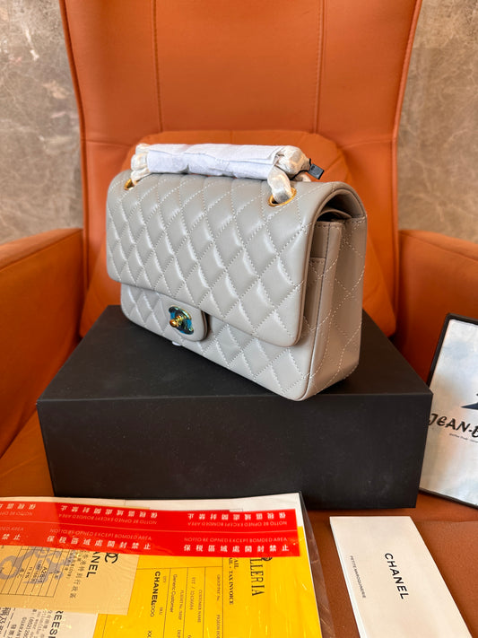 Chanel Lambskin Quilted Small Double Flap Grey