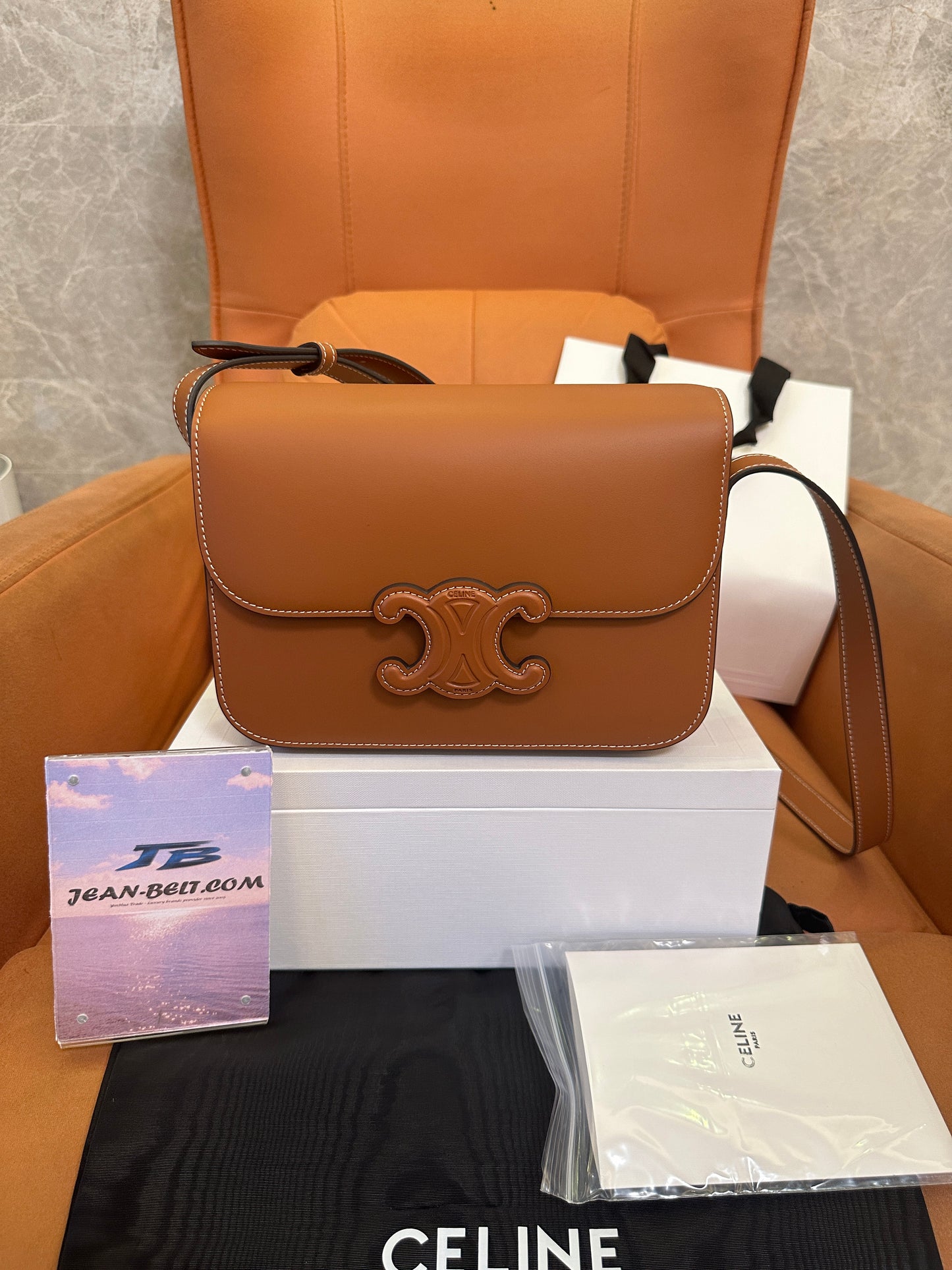 Celine Triomphe Bag in Tan Calfskin with Embossed Logo