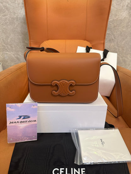 Celine Triomphe Bag in Tan Calfskin with Embossed Logo