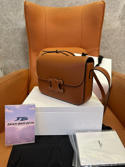 Celine Triomphe Bag in Tan Calfskin with Embossed Logo