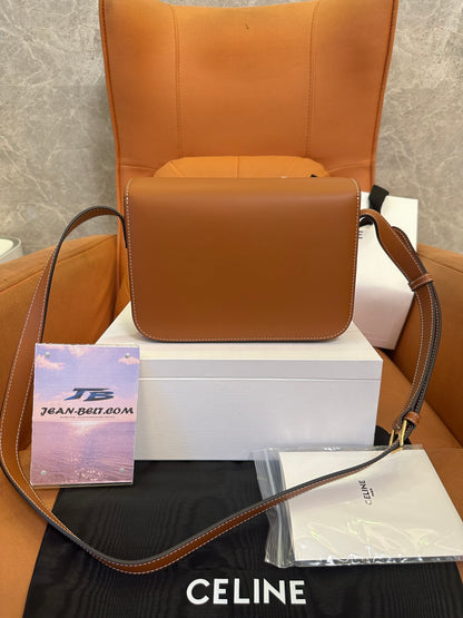 Celine Triomphe Bag in Tan Calfskin with Embossed Logo