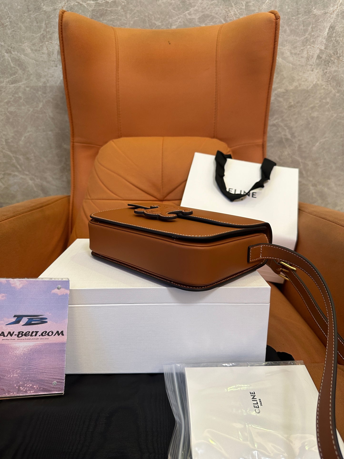 Celine Triomphe Bag in Tan Calfskin with Embossed Logo