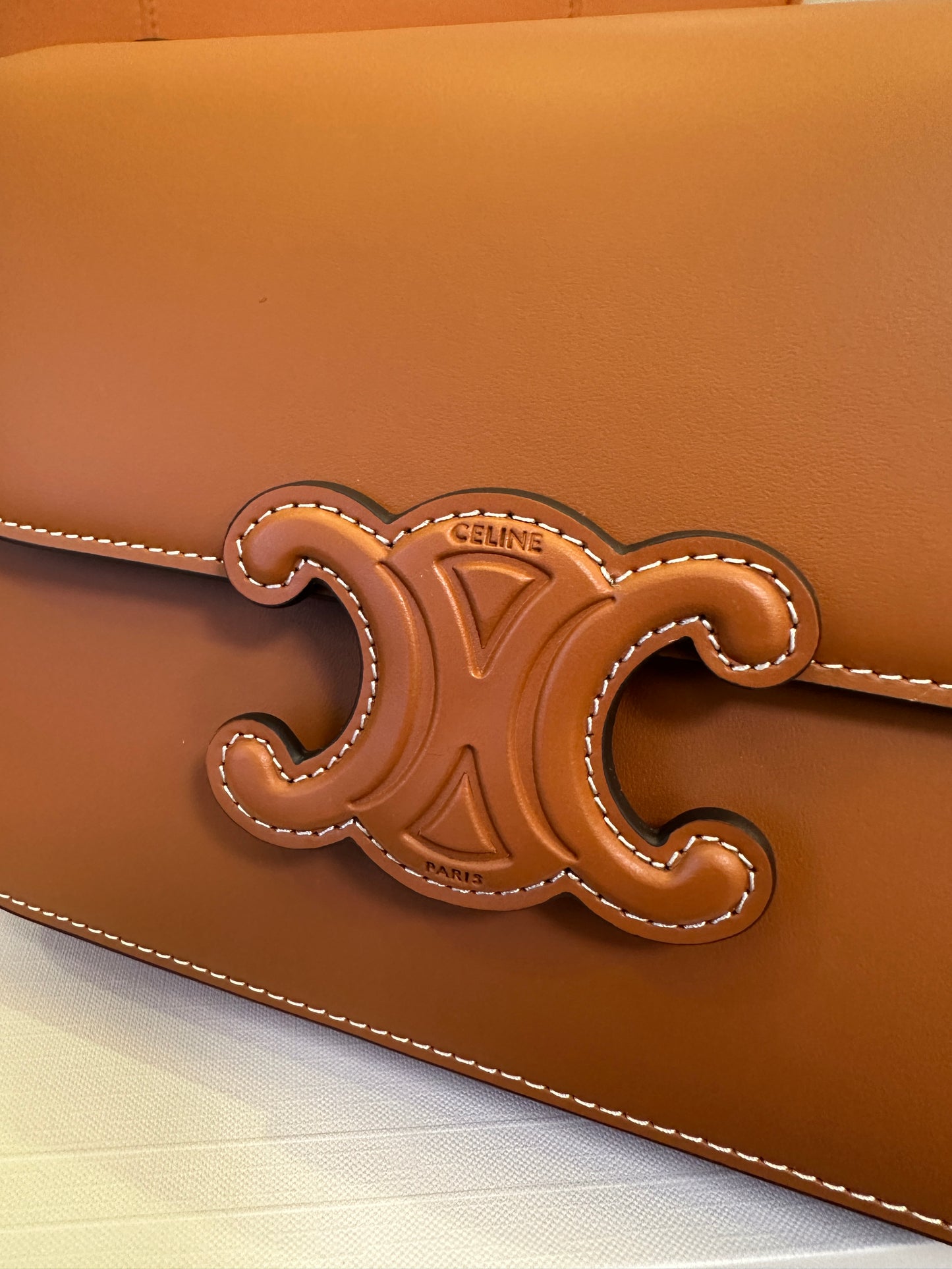 Celine Triomphe Bag in Tan Calfskin with Embossed Logo