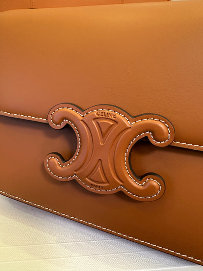 Celine Triomphe Bag in Tan Calfskin with Embossed Logo