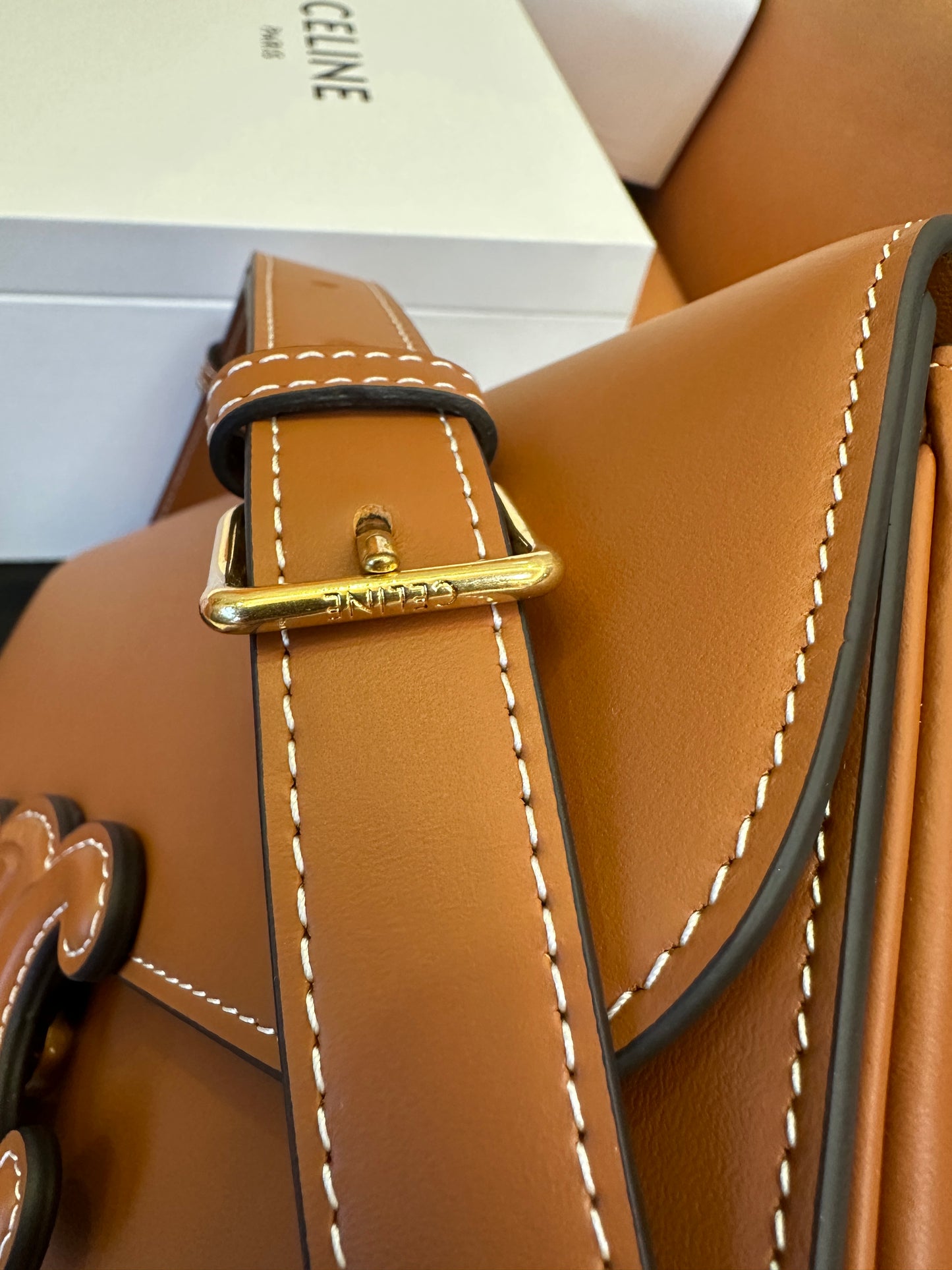 Celine Triomphe Bag in Tan Calfskin with Embossed Logo