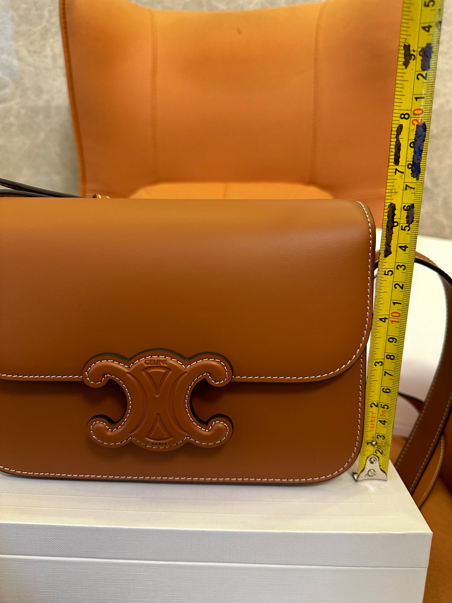 Celine Triomphe Bag in Tan Calfskin with Embossed Logo