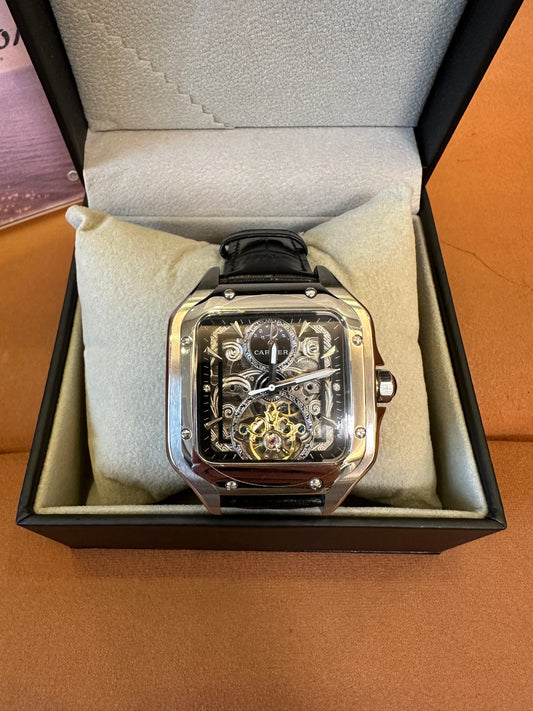 Cartier Santos Skeleton Tourbillon Watch Black Leather Strap