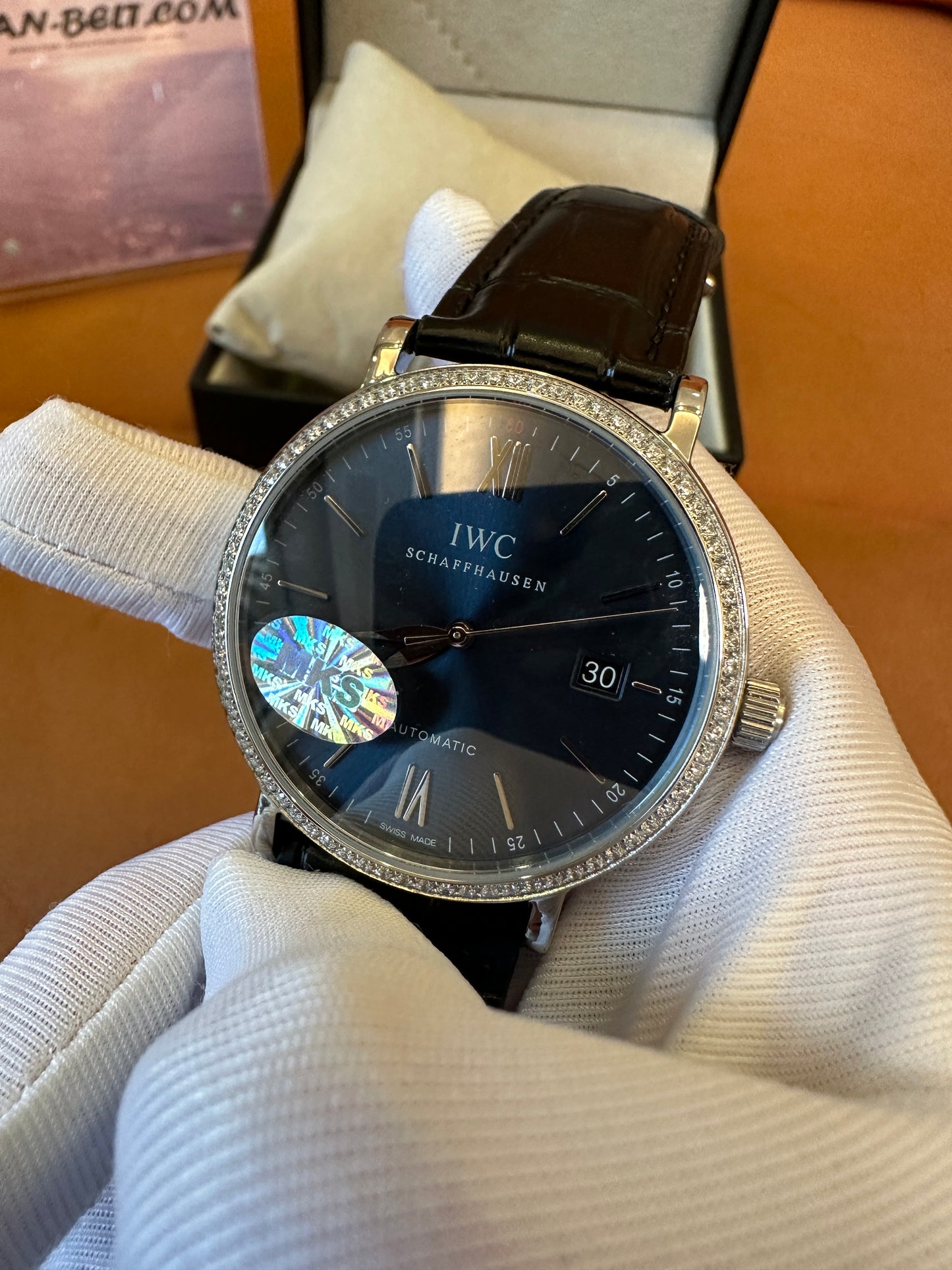 IWC Portofino Automatic Watch with Sunburst Blue Dial and Diamond Bezel