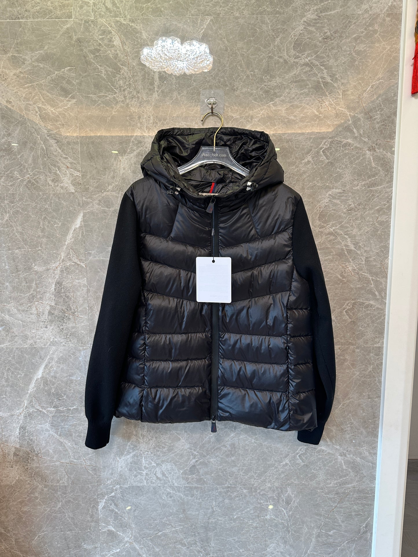 Moncler Knit Sleeve Down Jacket with Hood in Black