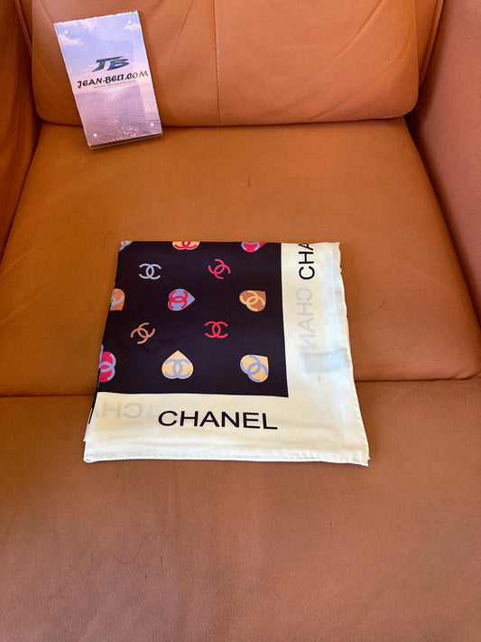 Chanel Silk Scarf with Multicolor CC & Heart Motifs, Cream Border, Gift Ribbon Design