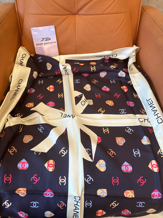 Chanel Silk Scarf with Multicolor CC & Heart Motifs, Cream Border, Gift Ribbon Design