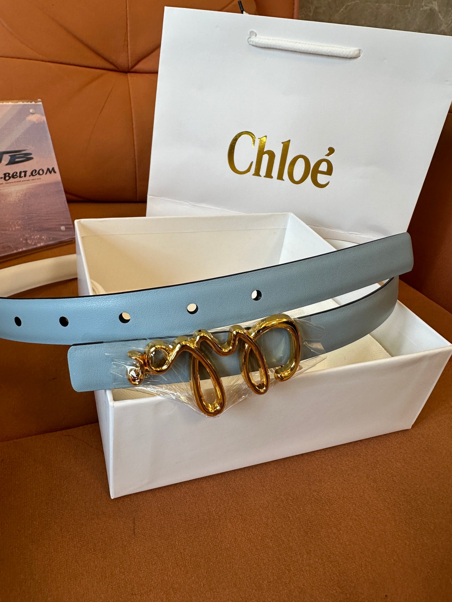 Chloé Alphabet Logo Leather Belt – Light Blue