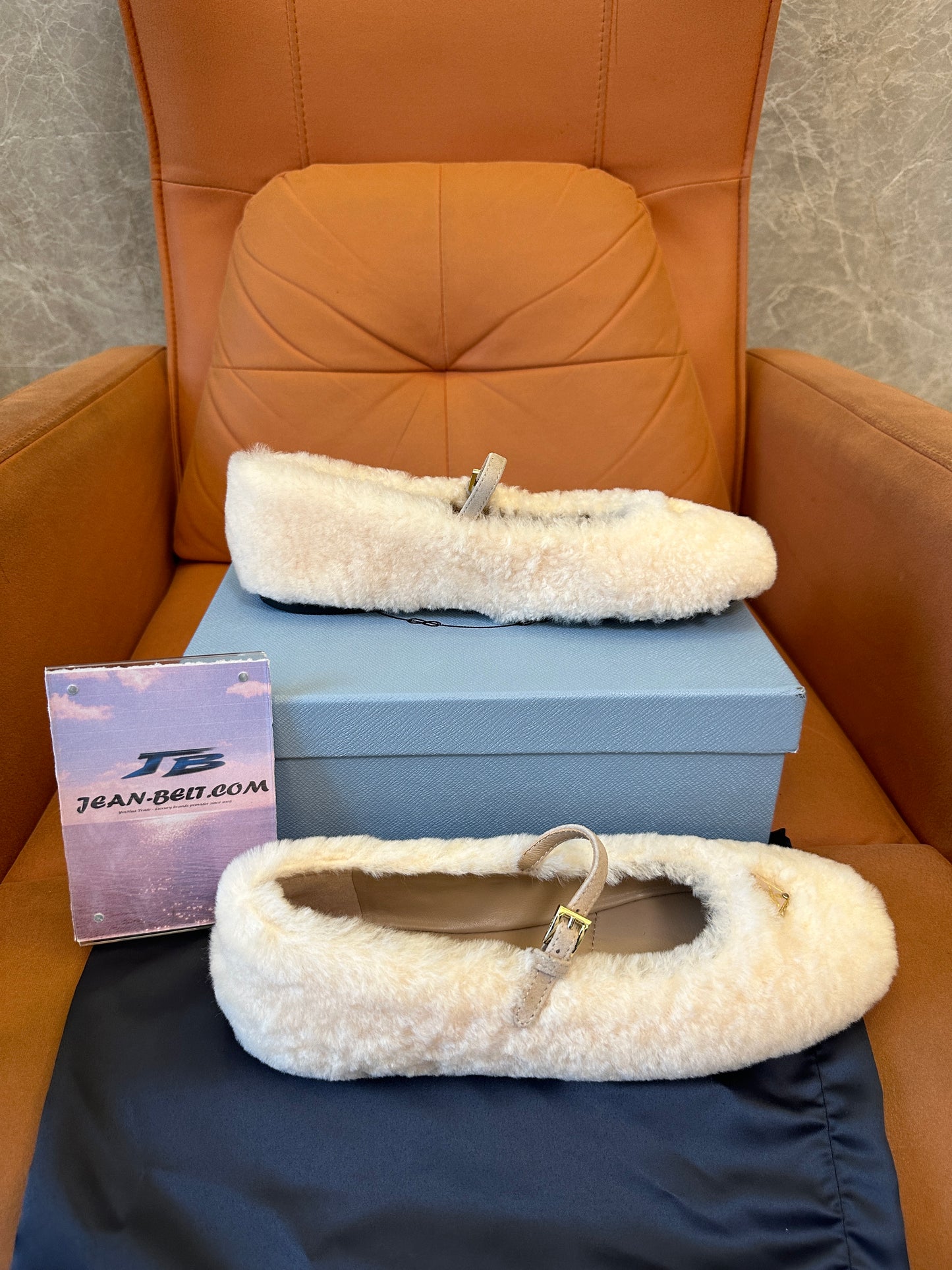 Prada Shearling Mary Jane Flats – Cream
