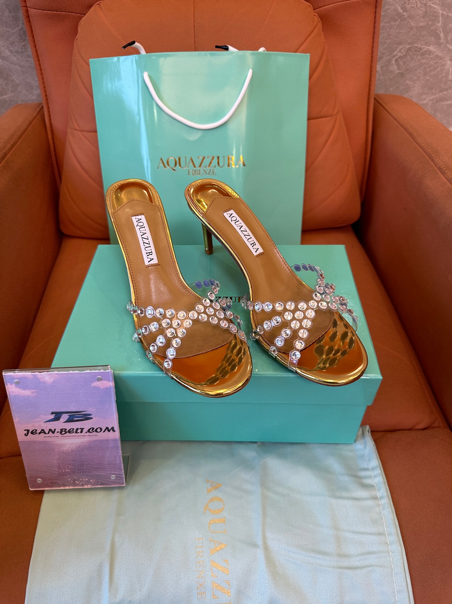 Aquazzura Crystal Embellished Gold Mule Sandals