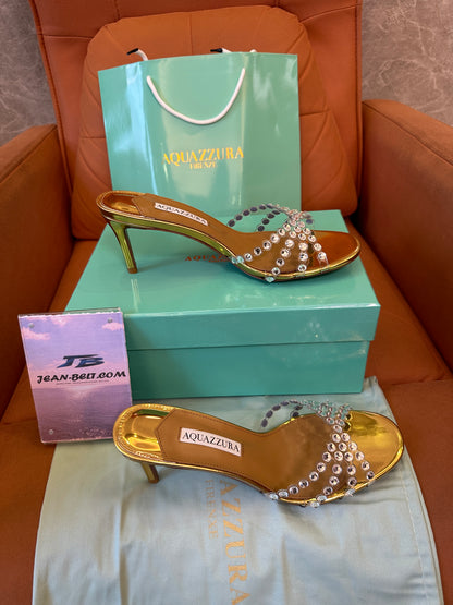 Aquazzura Crystal Embellished Gold Mule Sandals