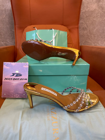Aquazzura Crystal Embellished Gold Mule Sandals