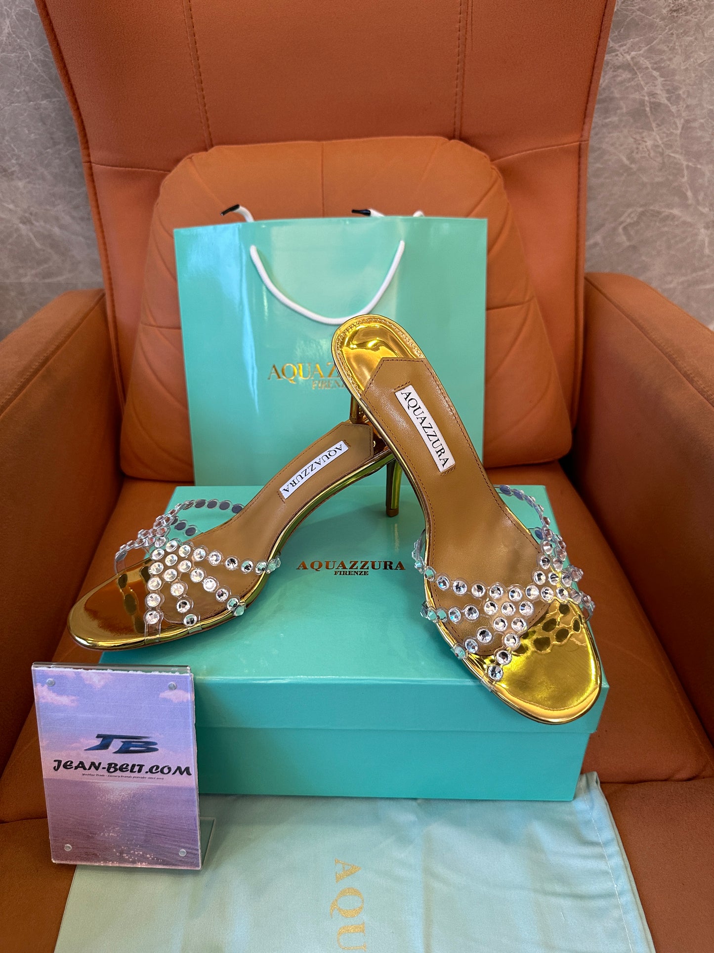 Aquazzura Crystal Embellished Gold Mule Sandals