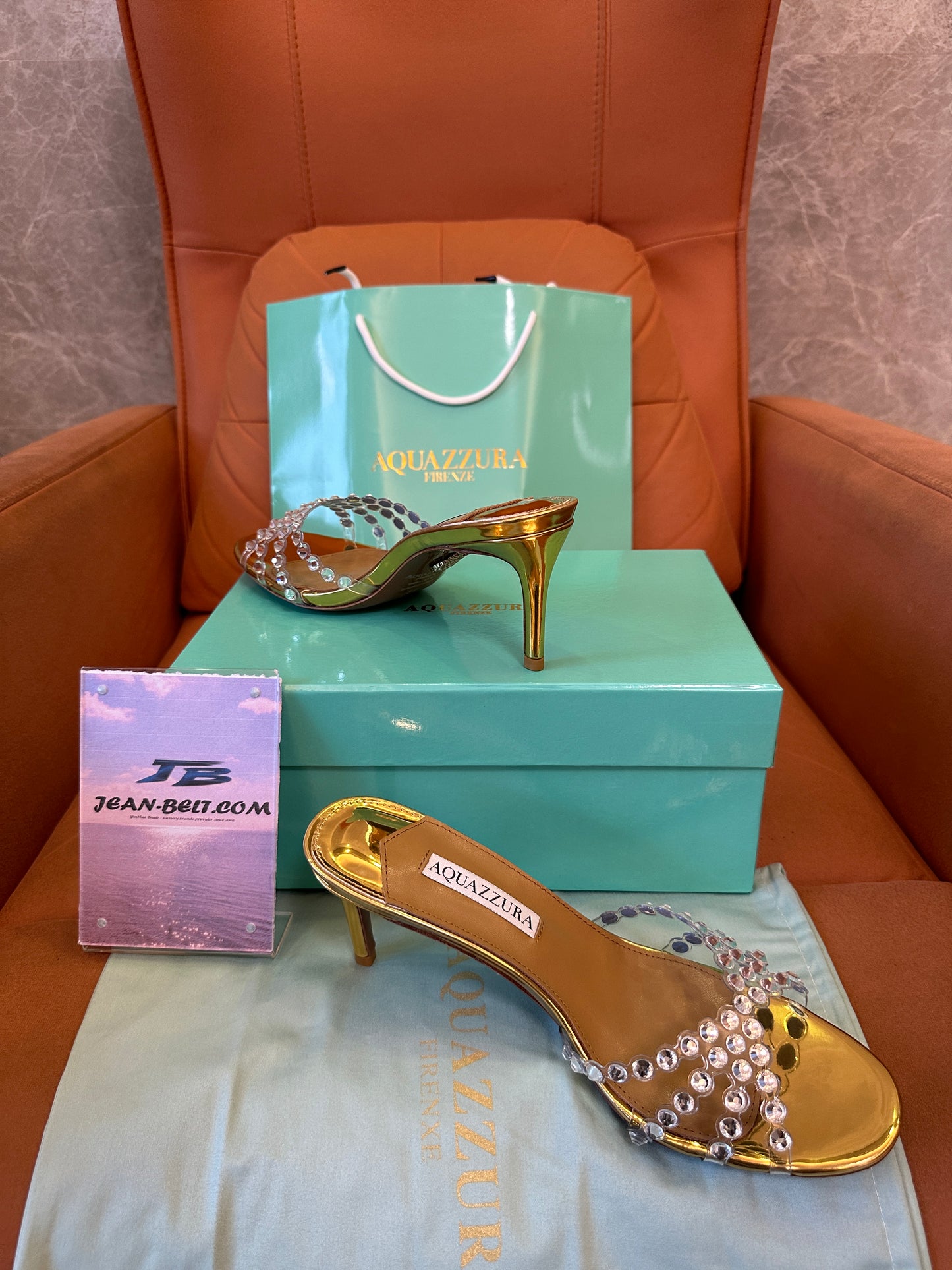 Aquazzura Crystal Embellished Gold Mule Sandals