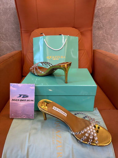 Aquazzura Crystal Embellished Gold Mule Sandals