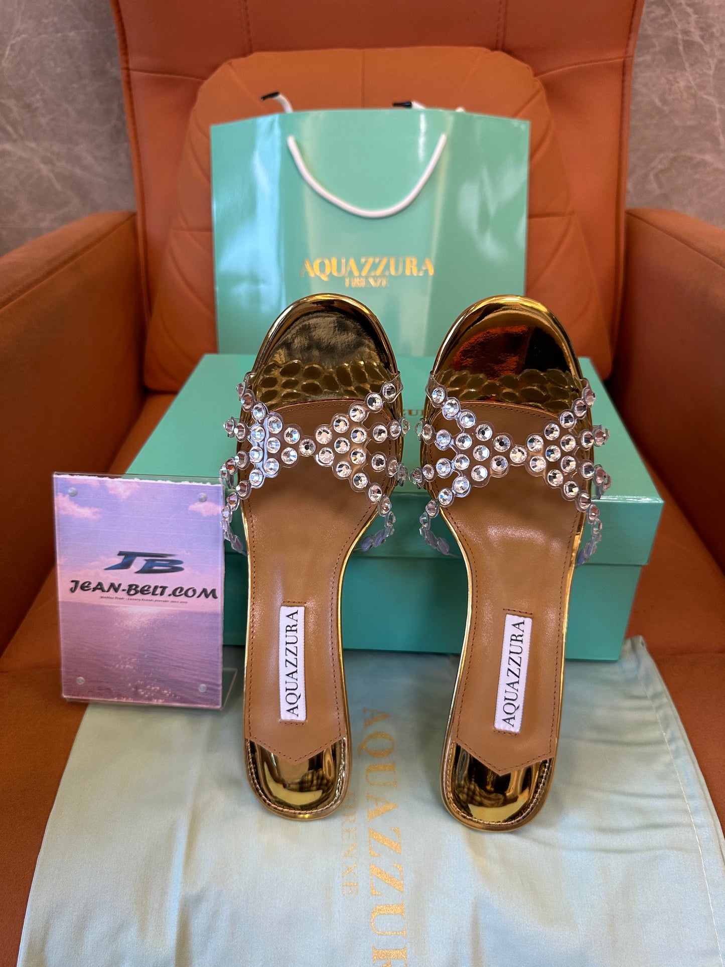 Aquazzura Crystal Embellished Gold Mule Sandals