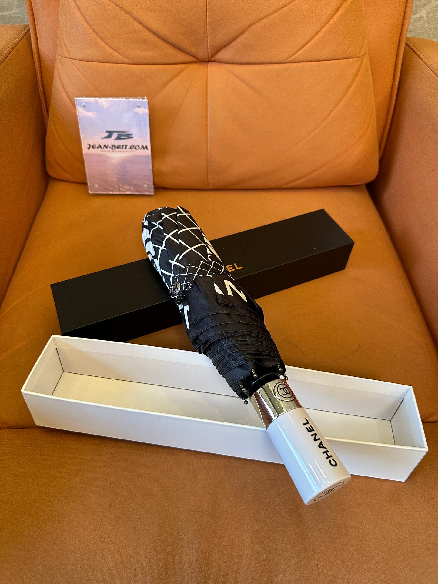 Chanel Foldable Black Umbrella with Camellia Flower and White Grid Pattern