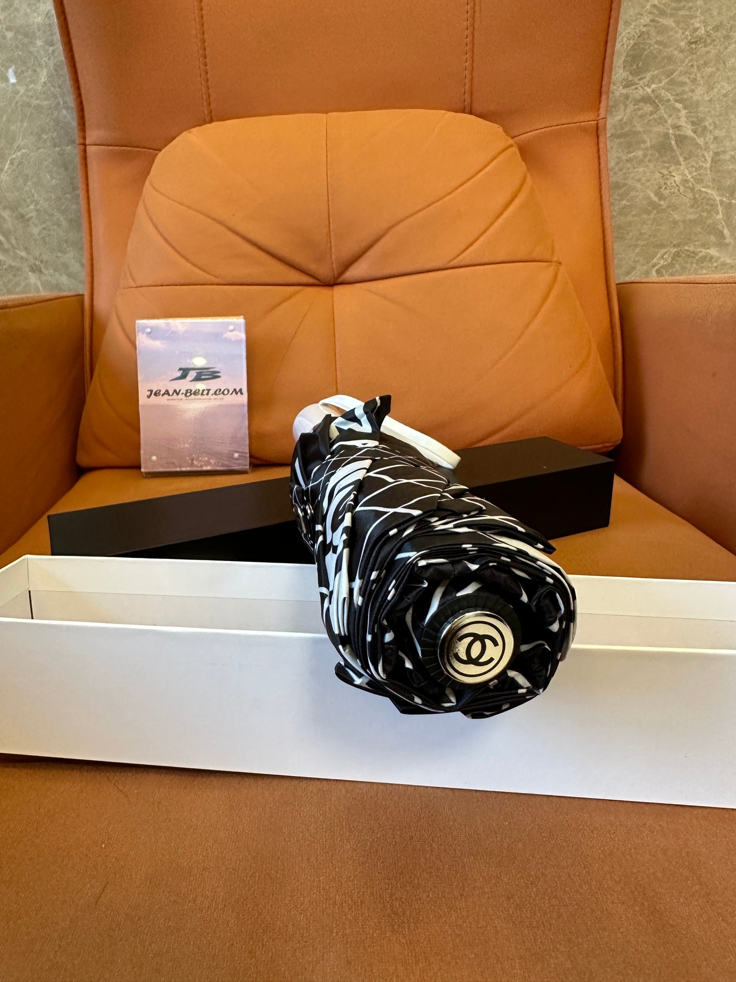 Chanel Foldable Black Umbrella with Camellia Flower and White Grid Pattern
