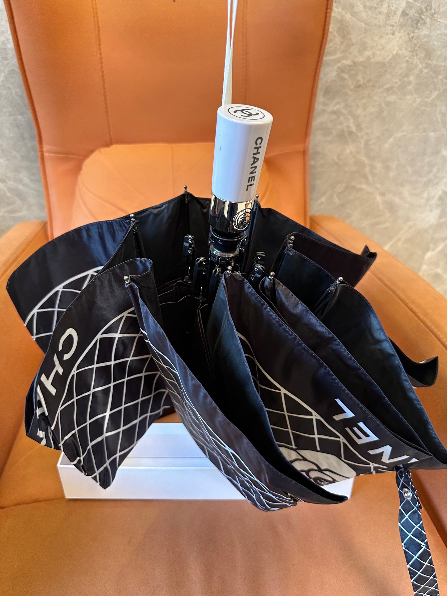 Chanel Foldable Black Umbrella with Camellia Flower and White Grid Pattern