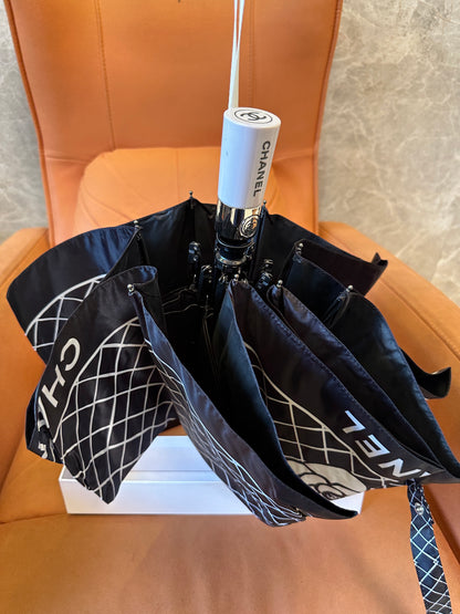 Chanel Foldable Black Umbrella with Camellia Flower and White Grid Pattern