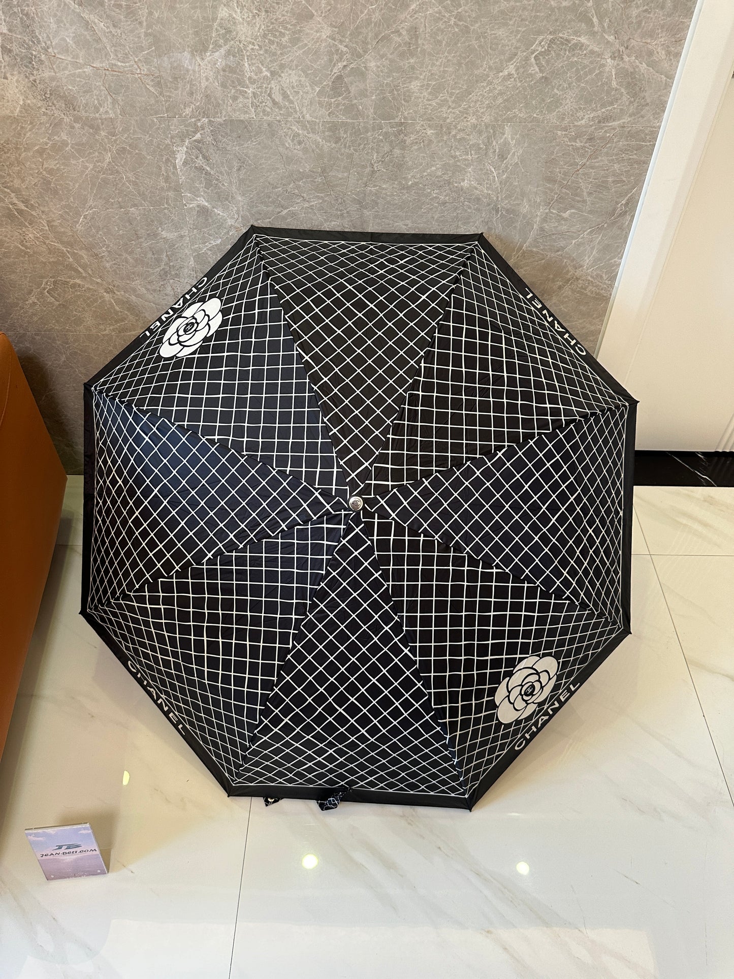 Chanel Foldable Black Umbrella with Camellia Flower and White Grid Pattern