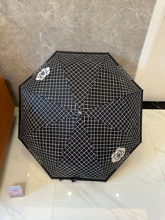 Chanel Foldable Black Umbrella with Camellia Flower and White Grid Pattern