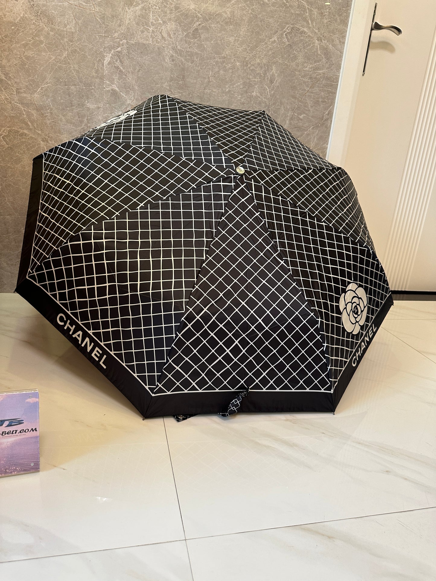 Chanel Foldable Black Umbrella with Camellia Flower and White Grid Pattern