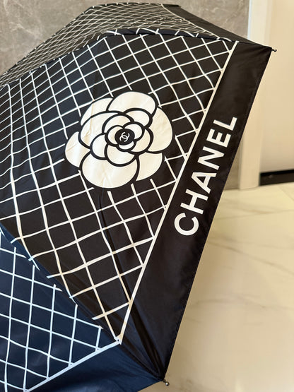 Chanel Foldable Black Umbrella with Camellia Flower and White Grid Pattern
