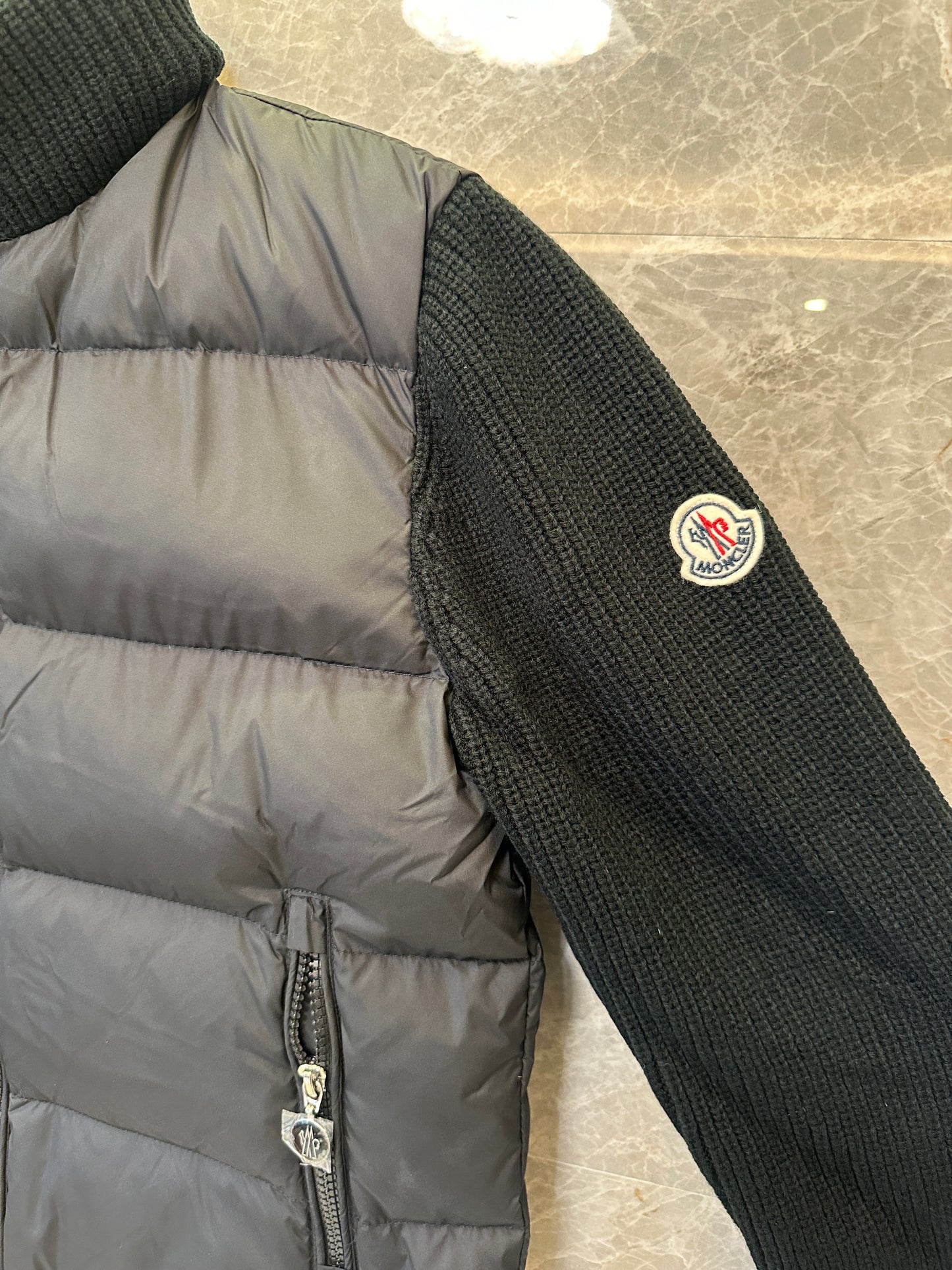Moncler Down Jacket with Knit Sleeves and High Collar in Black