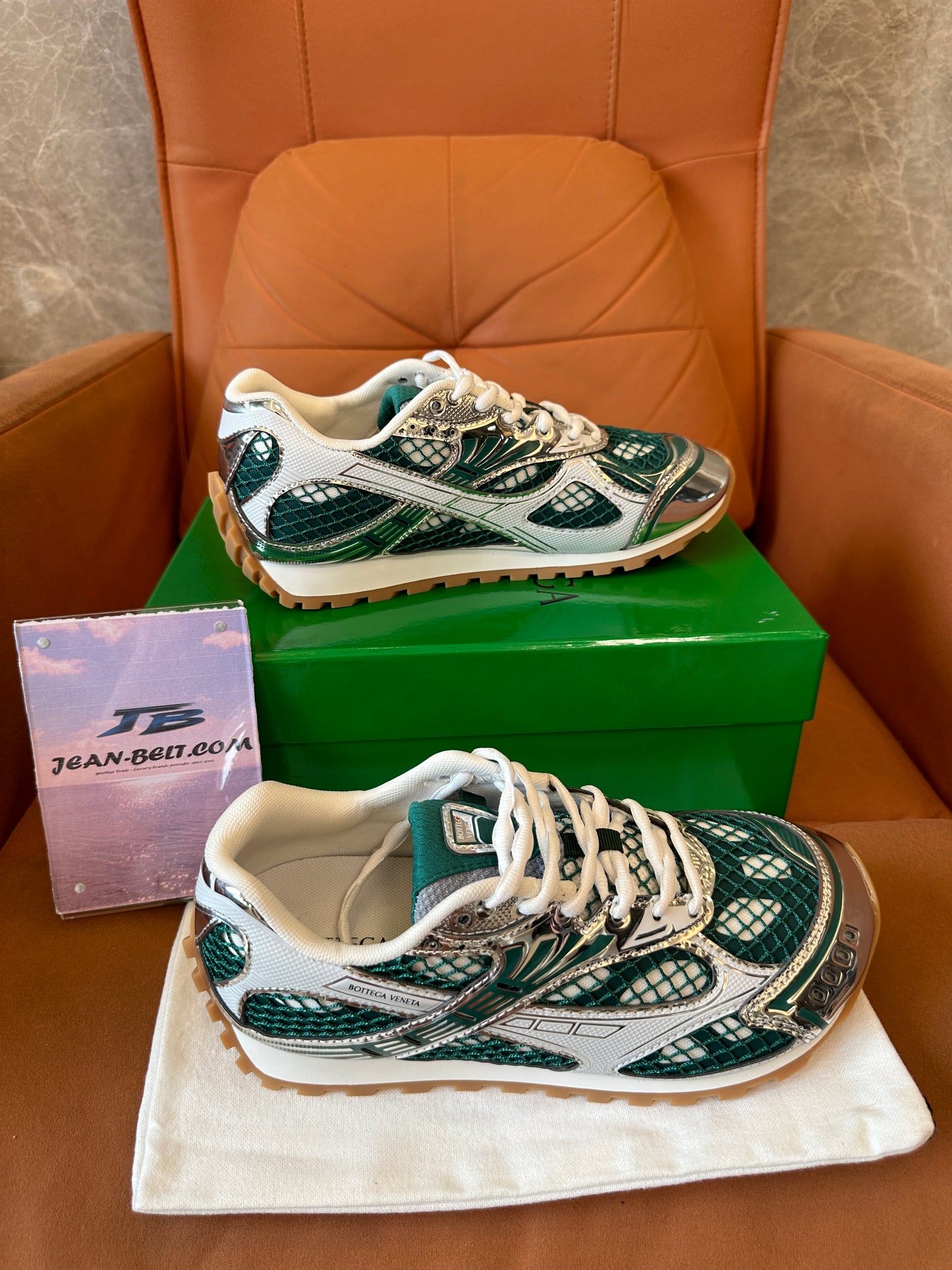 Bottega Veneta Speedster Low-Top Sneakers in Green and Silver Mesh
