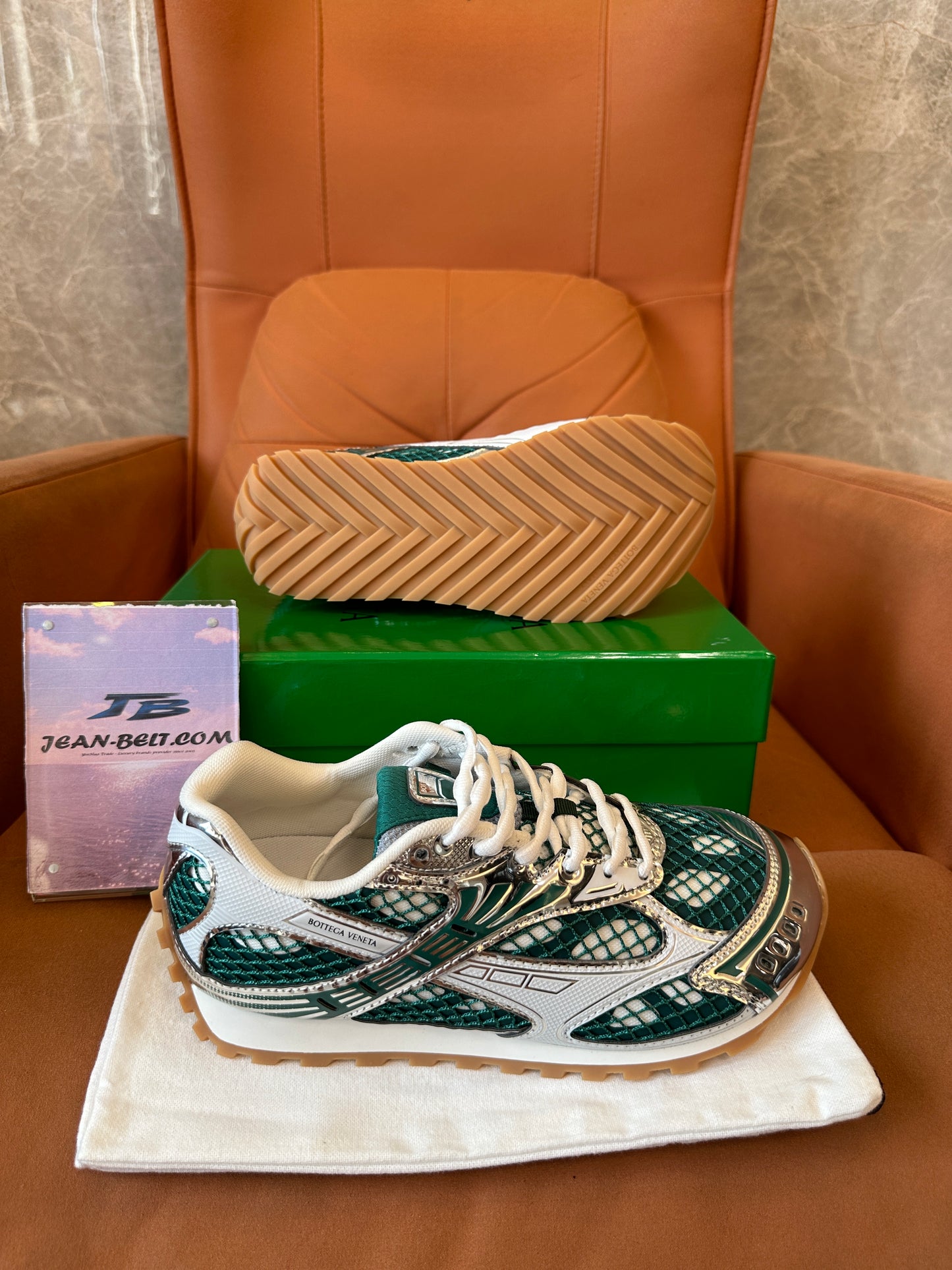 Bottega Veneta Speedster Low-Top Sneakers in Green and Silver Mesh