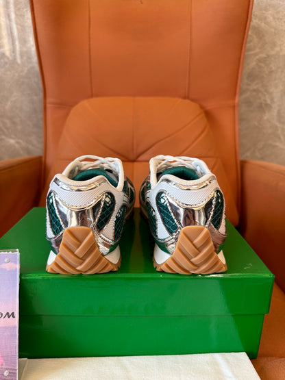 Bottega Veneta Speedster Low-Top Sneakers in Green and Silver Mesh