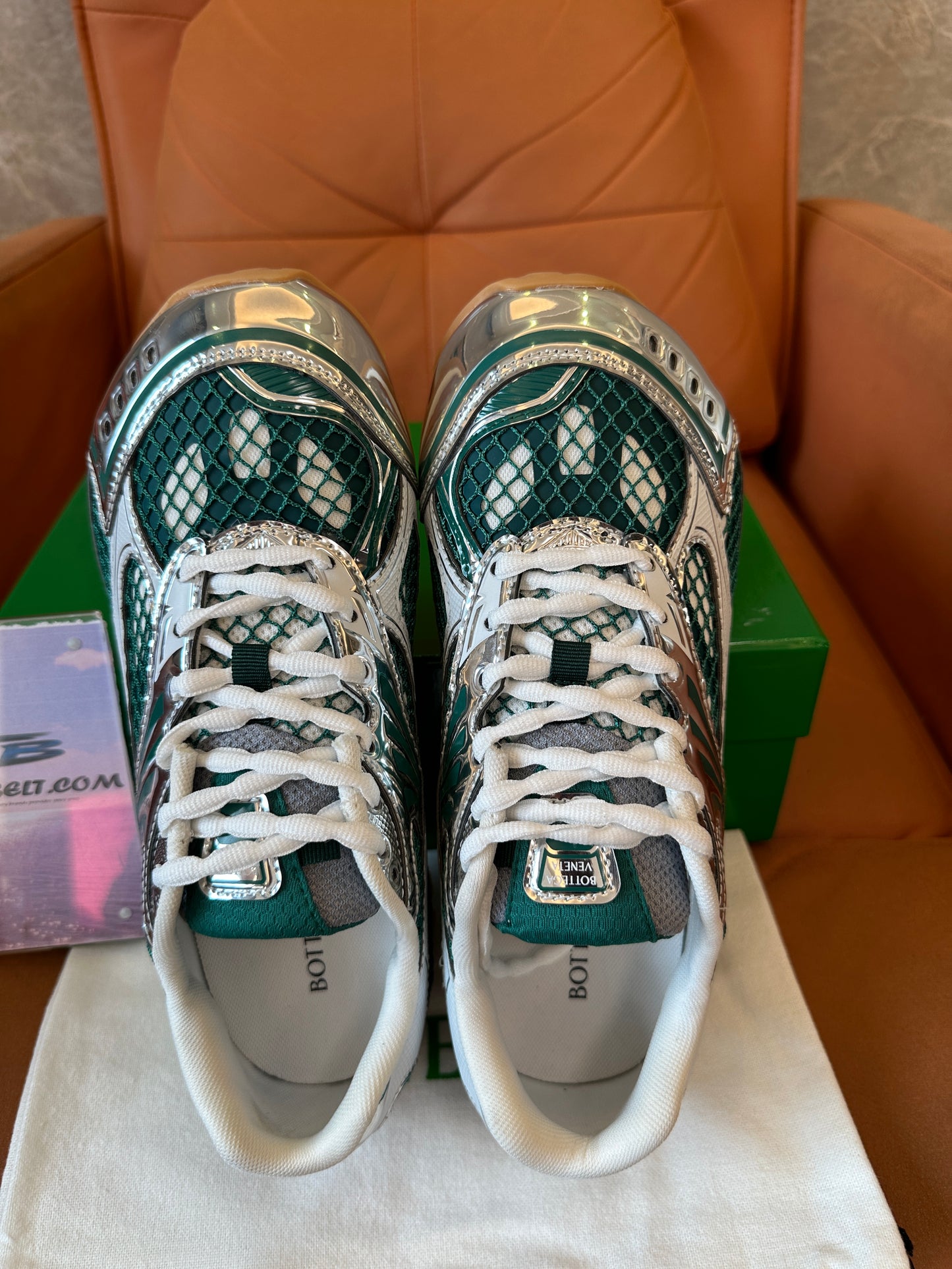 Bottega Veneta Speedster Low-Top Sneakers in Green and Silver Mesh