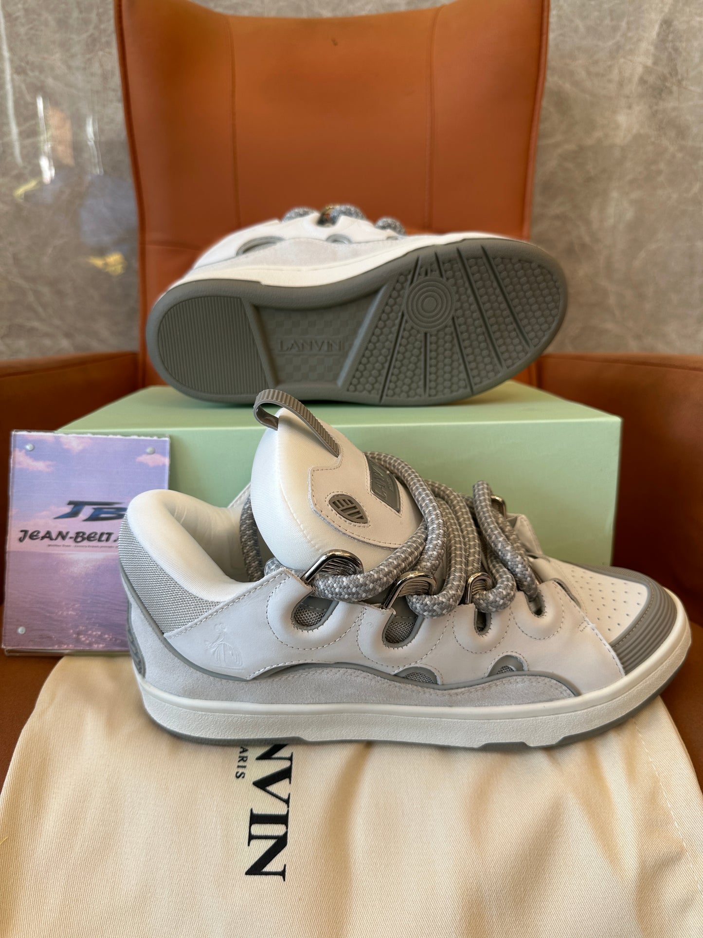Lanvin Curb Low-Top Sneakers in Grey and White | Chunky Leather Skate Shoes