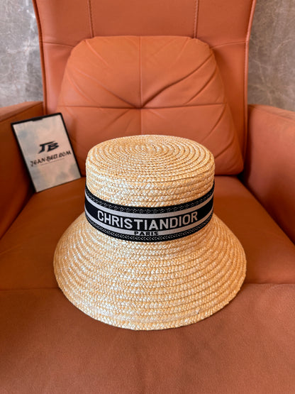 Christian Dior Natural Straw Bucket Hat with Black Embroidered Band