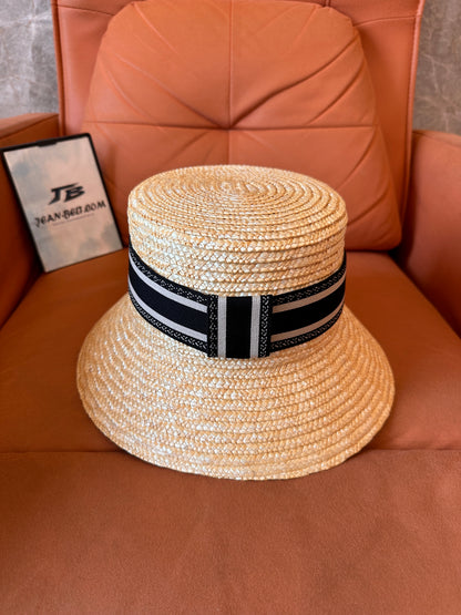 Christian Dior Natural Straw Bucket Hat with Black Embroidered Band