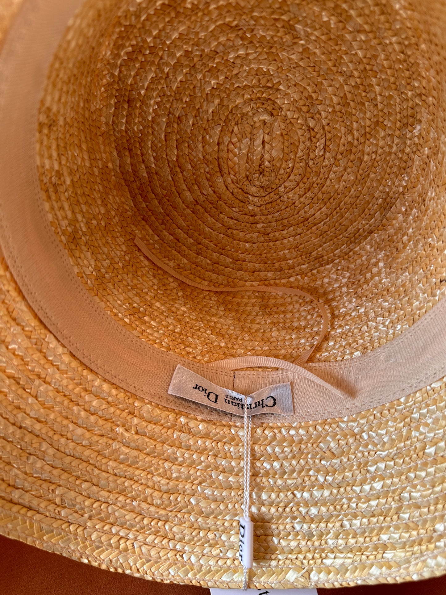 Christian Dior Natural Straw Bucket Hat with Black Embroidered Band
