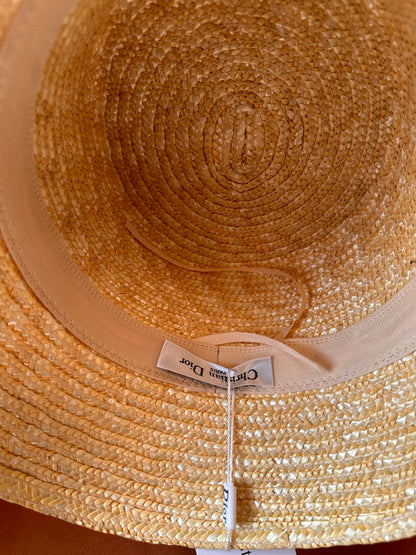 Christian Dior Natural Straw Bucket Hat with Black Embroidered Band