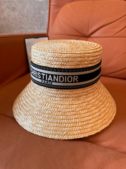 Christian Dior Natural Straw Bucket Hat with Black Embroidered Band